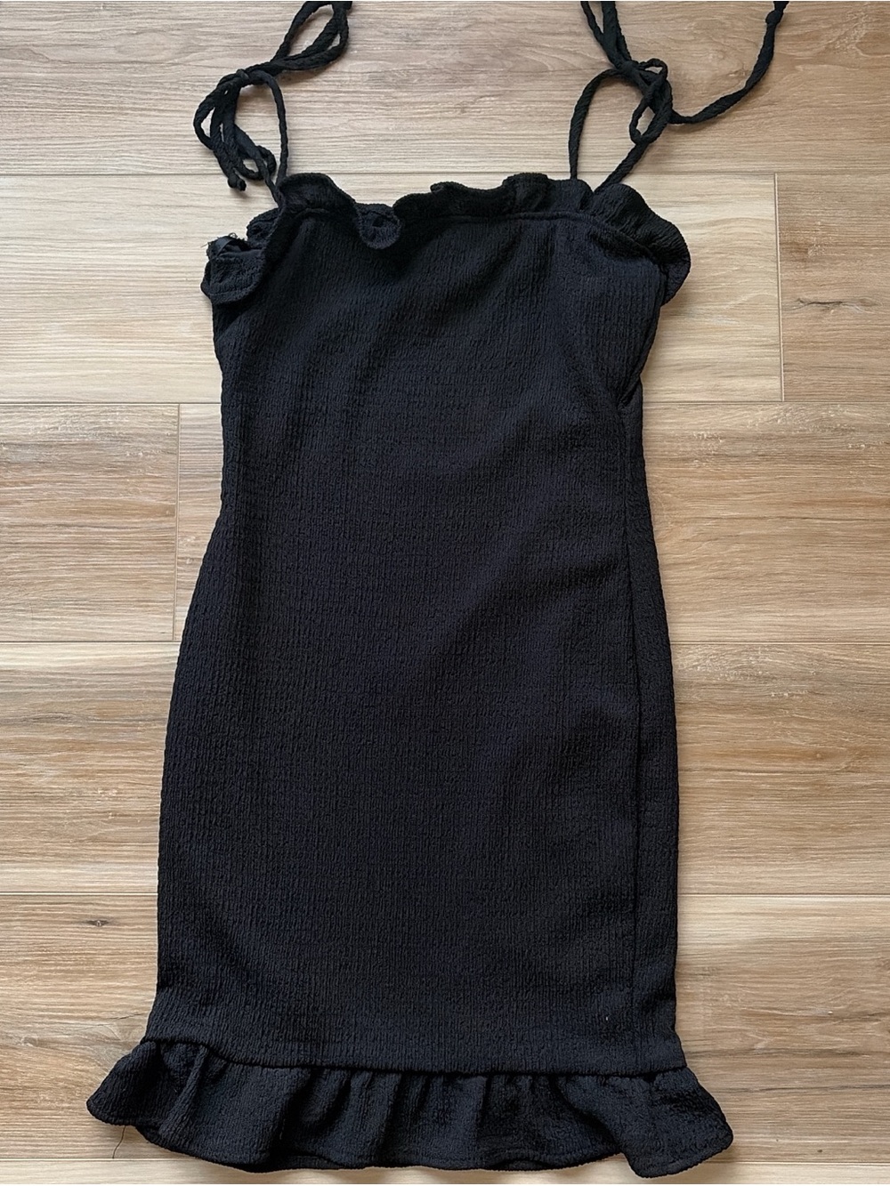 Black Tie-Shoulder Mini Dress with Ruffle Hem